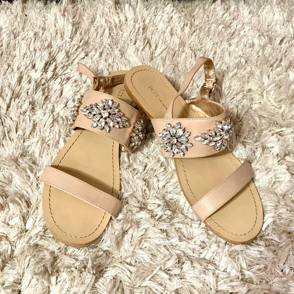 BCBG Rhinestone Sandals Flats Beige Tan